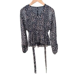 Express V-Neck Peplum Blouse Womens XS Black Abstract Print Tie Waist Career Top